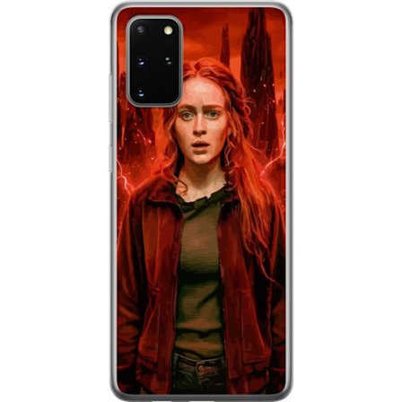 Kompatibelt Mobilskal till Samsung Galaxy S20+ Porträtt av en ung kvinna med rött hår i en apokalyptisk landskap, röda blixtar och mörka klippfor