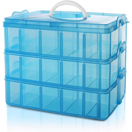 3-tasoinen pinottava sininen muovinen säilytyslaatikko - säädettävät lokerot