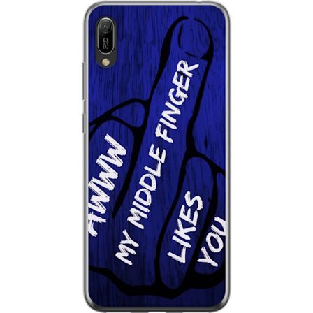 Kompatibelt Mobildeksel til Huawei Y6 Pro (2019) Mørk typografisk illustrasjon med hjerteform og budskap om vennskap mot dyp blå tretekstur