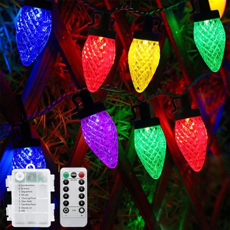 25,7FT 50LED Batteridrevne Julelys, 8 Moduser Juledekorasjoner Innendørslys, Vanntette C9 Julelys