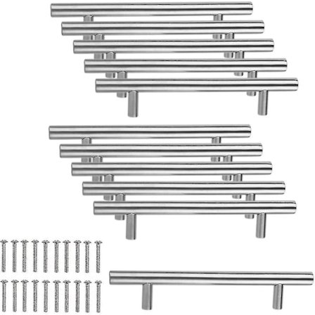 10 x Kjøkkenhåndtak i rustfritt stål 96mm hullavstand Børstet stål T-håndtak for skapdør Kjøkkendørhåndtak
