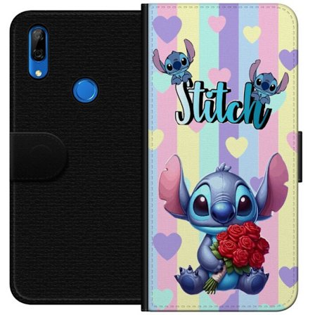 Kompatibel Tegnebogsetui til Huawei P Smart Z Romantisk illustration af Stitch der holder røde roser mod stribet baggrund