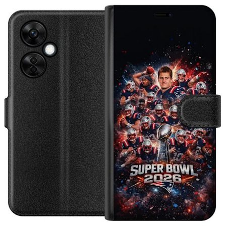 Yhteensopiva Lompakkokotelo OnePlus Nord CE 3 Lite Super Bowl 2026 juliste, jossa New England Patriots ja NFL-mestaruuspalkinto räjähtävän urheilullis