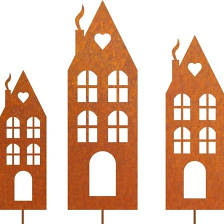 Ruosteiset metallitalot Deco ulkopuutarhaan, puutarhapisto, puutarhakoriste, luonnollinen ruostepatina