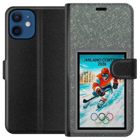 Yhteensopiva Lompakkokotelo Apple iPhone 12 Curlingkuvitus pelaajilla ja kivillä jäällä, Milano Cortina 2026, lumisia roiskeita ja olympiasormukset