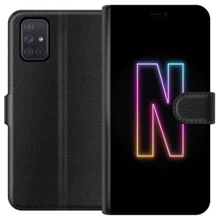 Kompatibel Tegnebogsetui til Samsung Samsung Galaxy A71 Minimalistisk neonbogstav N i farveskiftende lys mod sort baggrund