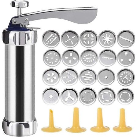 Press Aluminium Press Set Kakmaskin Spritspåse med 20 Munstycken och 4 Tunna Degsprutmunstycken Rostfritt Stål Silver