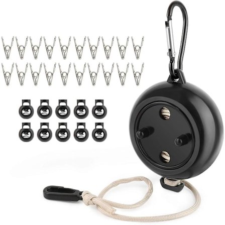 Udtrækkelig tørresnor med 10 fastgørelsesspænder og 20 vindtætte klemmer