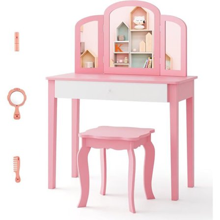 COSTWAY 2 i 1 toiletbord til børn med aftageligt og foldbart spejl, 1 stor skuffe Princess Style Pink