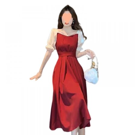 Kvinnors Casual Sommarklänning Midi Puffig Kort Ärm Kvadrat Hals Smokad Vågig Volang Klänningar(Röd L)