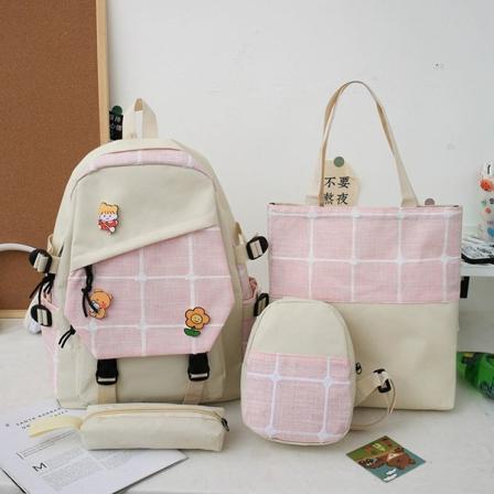 Kvinder pige rygsæk skuldertaske skoletaske Korean Style Plaid Primary School Students Junior Pink and White