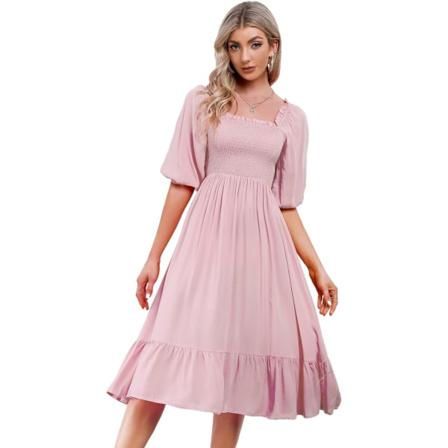 ivimos Dam Sommar Bomull Puffärmar Casual Vintage Prickig Mönster Off Shoulder Midiklänning Ljusrosa#2 Liten