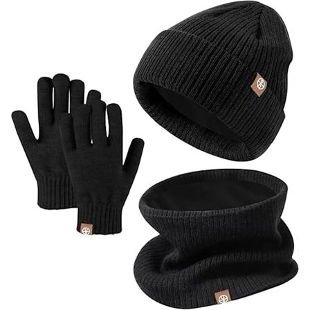 Børne Vinterhue Halsklæde Touch Screen Handsker Sæt 3-i-1, Beanie Hue Strikket Varmt Sæt, Vinter Tilbehør Sæt til Børn Udendørs Alder 5-12 Black