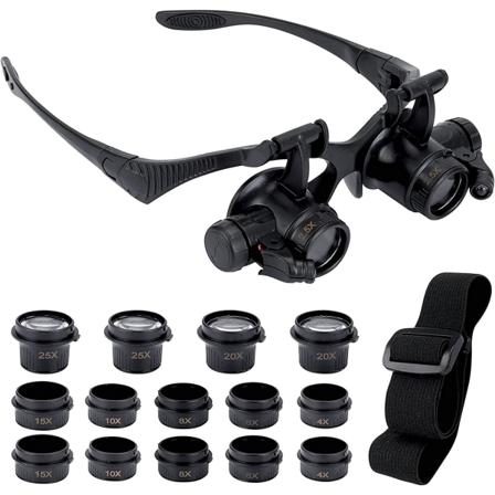 Suurennuslasi 2 LED-valolla, 8 irrotettavaa linssiä, päässä pidettävä suurennuslasi, handsfree-suurennuslasi korjaamiseen, lukemiseen, koruihin, 