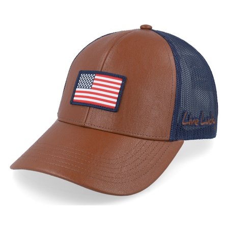 Black Clover - Noble Brown Leather W Navy Mesh W Usa Flag Patch Trucker Brown Cap - @ Hatstore