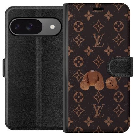 Kompatibelt Plånboksfodral till Google Google Pixel 9 Lyxigt monogrammönster med trasig nalle i mörk modeestetik