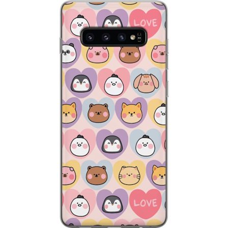 Yhteensopiva Puhelinkuori Samsung Galaxy S10 Kawaii Eläinten Kasvot Sydämillä Pastelliväreissä