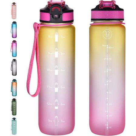 1L Vannflaske med Sugerør, Sportsdrikkeflaske med Tidsmarkeringer, Lekkasjesikker, Tritan BPA-fri, for Skole(GulRosa)