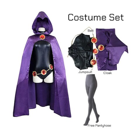 TeenTitans-Raven Cosplay Kostyme Jumpsuit Lilla Kappe med Belte Halloween Kostyme Uniform for Jenter