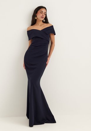Bubbleroom Occasion - Off Shoulder Pleat Maxi Dress - Dark navy
