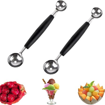 2-pakning dobbeltsidig frukt-iskremkuleskje, melonballer i rustfritt stål, glatt rund melonskje for vannmelon/iskrem/frukt
