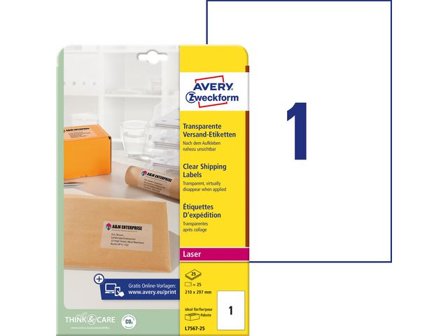 AVERY Etikett transparent 210x297mm 25/fp - Lyreco - Emballage och lagerutrustning - Etiketter och godsmärkning - Specialetiketter