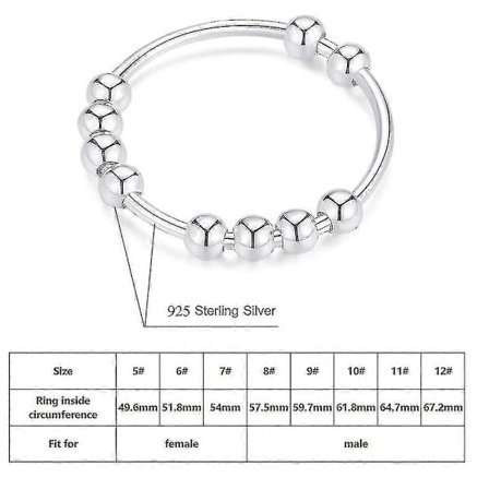 925 Sterling Silver Anti-ångest Ring för Kvinnor Män Fidget Ringar för Ångest Ångest Ring med Pärlor Spinner Ring