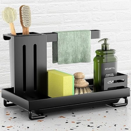 Sort Vask Organizer med Drypbakke, Rustfrit Stål Svampe- og Viskestykkeholder, Ekstra Forstærket Køkkenvask Organizer