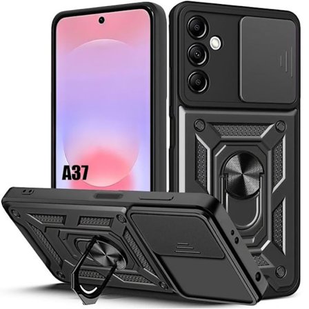 Cover til Samsung Galaxy A37 5G, Stødabsorberende med Ring og Skydelås til Kamera - Sort