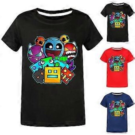 Geometry Dash Trykt Børne T-shirt Gaming Fans Drenge Piger Cool Kortærmet Tee Tops (7-8 År Sort)