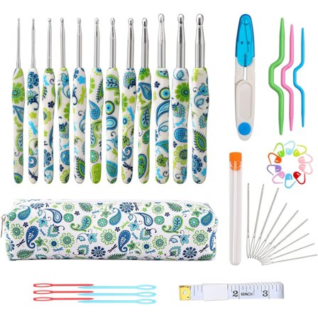 Heklenålsett, 12 størrelser 2,25 mm (B)-10 mm (N) Ergonomisk håndtak for leddgikt, mykt gummihåndtak, strikkepinnesett