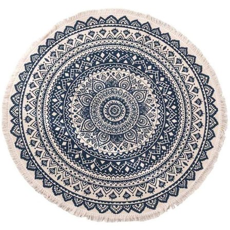 Nordisk Rund Matta för Vardagsrum Sovrum Etnisk Stil Hängande på Byrå eller Fåtölj, Golv- eller Sängmatta 92×92 (Blå)
