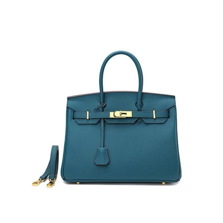 Stilful Blå Koeskinds Håndtaske Medium 30cm med Lychee Struktur