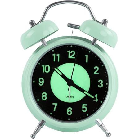 4 tommer belyst vækkeur, dobbelt klokke retro analog billetløs kvartsvækkeur med lydalarm og natlys, metalhus (grøn)