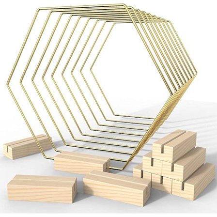 10 metalliska hexagonala järnringar girlang + 10 träbaser DIY