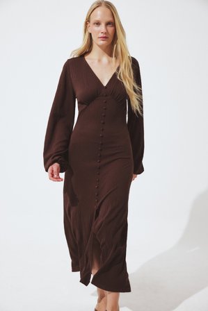 NA-KD - Maxikjole med knapper og ballongermer - Langermet maxi kjoler - Brun - S