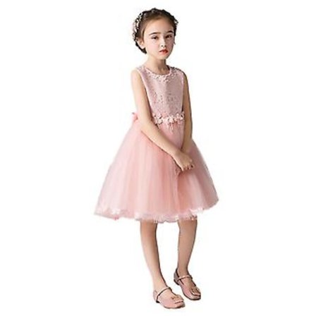 Blomsterjenter Blonde Brudepikekjole Lang A-linje Bryllup Festkjoler Tyll Selskapskjole (120 Rosa)