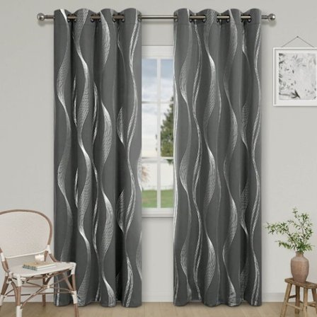 Mørklægningsgardiner med ringe, termisk isolerede vinduesgardiner til soveværelse og kontor, 132x213 cm, mørkegråt bølgemønsterdesign