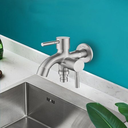 (Penger) Baderomsarmatur, armatur med to formål med 1 innløp og 2 utløp, rustfritt stål, for frityrvasker og vaskemaskiner