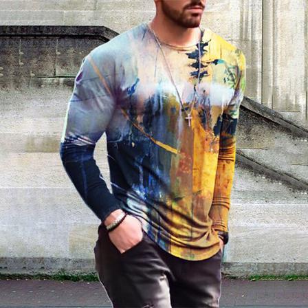 Män Långärmad Basic Tee Tie Dye Crew Neck Color Block Tops