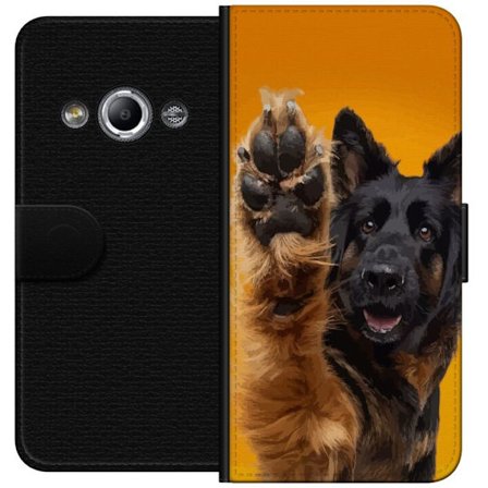 Kompatibel Tegnebogsetui til Samsung Galaxy Xcover 3 Glad hund vinker med poten charmerende dyrportræt på gul baggrund perfekt til hundelskere