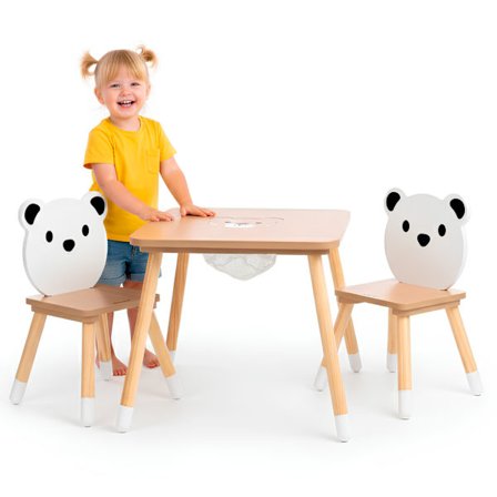Træ børnebord med opbevaring og 2 stole – Søde Bjørn