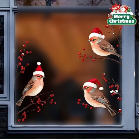 3 pientä lintua joulupukin hatut päässä ikkunatarra joulukoristeet