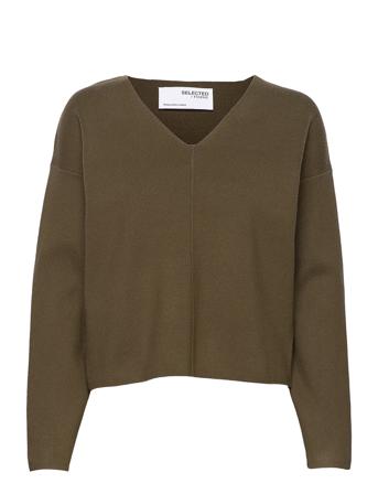 Slfadeline Ls Knit V-Neck Khaki Selected Femme
