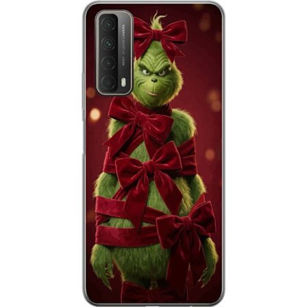 Yhteensopiva Puhelinkuori Huawei Huawei P smart 2021 Grinchi-hahmo koristeltu punaisilla samettinauhoilla juhlavassa studiossa, leikkisällä ja humor