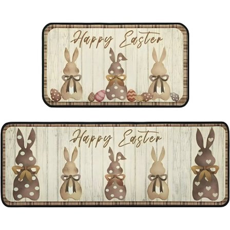 Sæt med 2 glade påske-køkkenmåtter, farverigt ternet kaninkøkken, gulvmåtter, påskehjemmeindretning