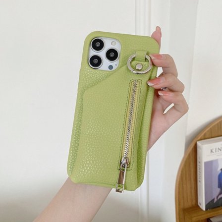 Etui til iPhone 15 lychee-mønster myntveske kortholder grønn japansk og koreansk