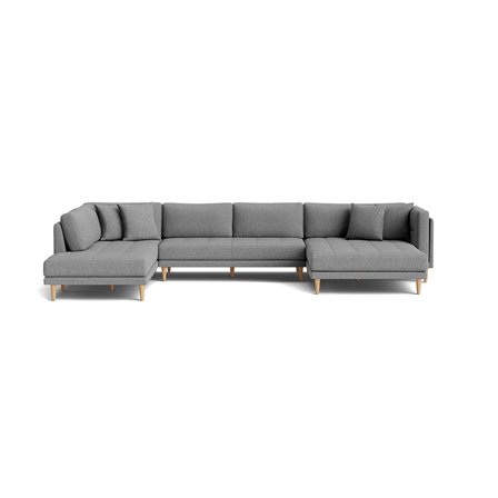 Cali U-sofa, Højrevendt, Hygge Lysegrå - 374x220x76cm U-Sofa med Dobbelt Chaiselong, Bøgetræsben & 4 Pyntepuder - Perfekt