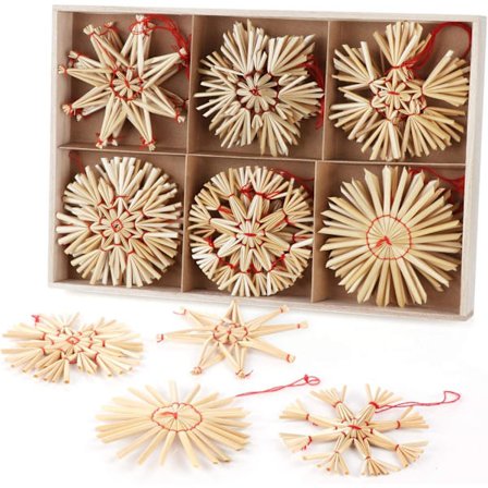 |NN| Halm-stjerner til juletreet, 24 festlige halm-stjerner i sett