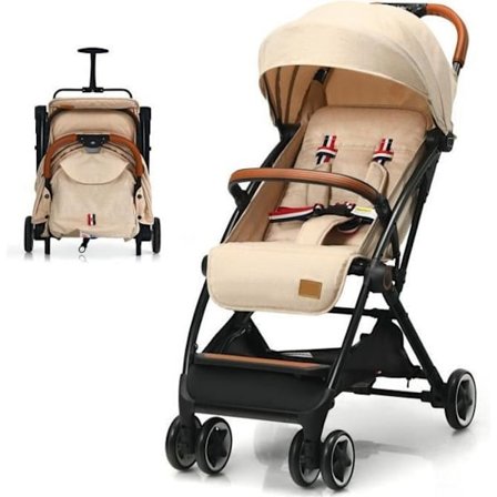 COSTWAY Barnvagn 3 år gammal Enhandsfällbar med stång, justerbart ryggstöd-fotstöd, infällbar kapell, Tether Strap Beige